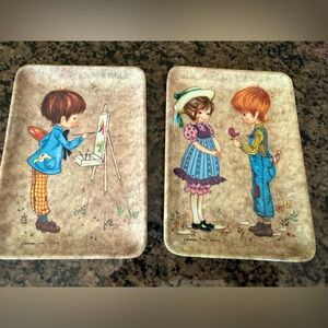 Vintage Melamine Trinket Tray Boy Girl  4x6 Graff Wing Paris 1960 antique